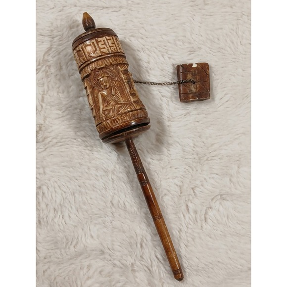 Beautiful TIBETAN BUDDHIST HAND-SPINNING CARVED YAK BONE PRAYER WHEEL